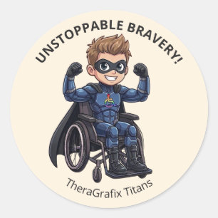 Pfirsich-Rollstuhl Theo Unaufhaltsame Tapferkeit-A Runder Aufkleber