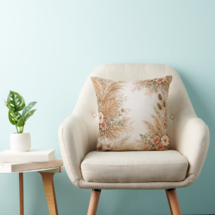 Pfirsich-Rosa-Boho-Pampas-Blumenrahmen Kissen