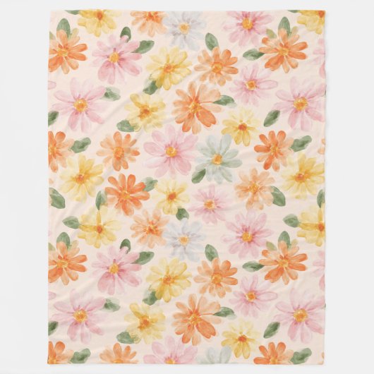 Pfirsich Rosa Gelb Blaue Blumen  Fleecedecke (Vorderseite)