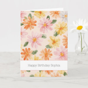 Pfirsich Rosa Gelb Blaue Blumen Geburtstag Karte
