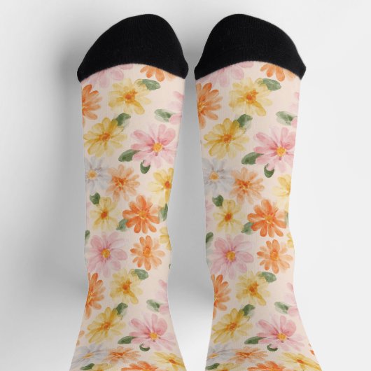 Pfirsich Rosa Gelb Blaue Blumen Socken (Oben)