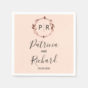 Pfirsich-Rosa Rosen-Goldfolie Monogramm Hochzeitss Serviette