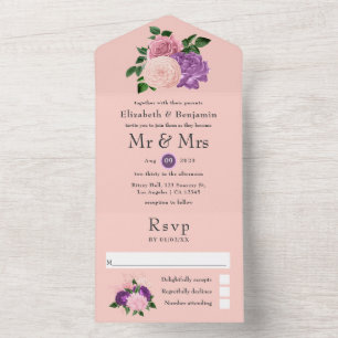 Pfirsich-Rosa und Lila-Blumen-Hochzeit Alles in Ei All In One Einladung