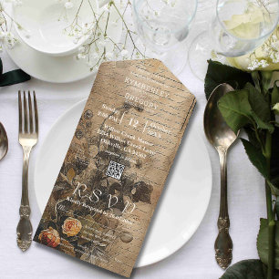 Pfirsich-Rose auf Vintage-Cream-Hintergrund QR-Cod All In One Einladung