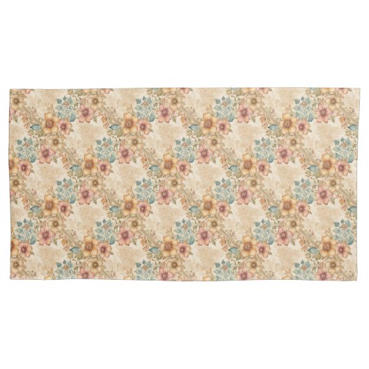 Pfirsich, Rose, blaues Blumengitter Kissenbezug (Vorderseite)