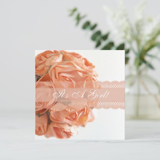 Pfirsich-Rose und Lace-Baby-Dusche Einladung (Stehend Vorderseite)