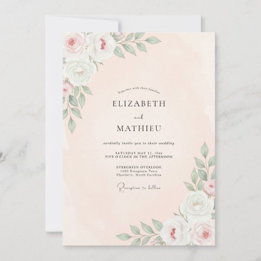 Pfirsich-Rosen-Blumenhochzeit Einladung (Vorderseite)