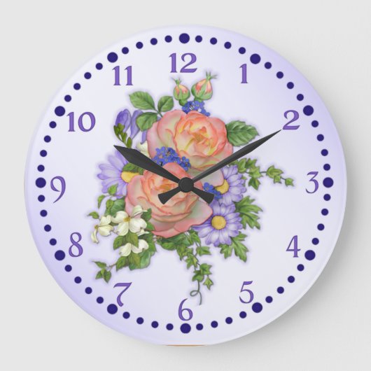 Pfirsich-Rosen-Blumenstrauß Große Wanduhr (Vorderseite)