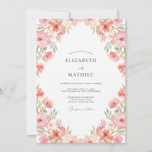 Pfirsich-Rosen-Botanik-Aquarell-Hochzeit Einladung (Vorderseite)