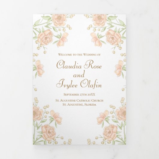 Pfirsich-Rosen-Hochzeitsprogramme Dreifach-gefaltete Programmkarte (Cover)