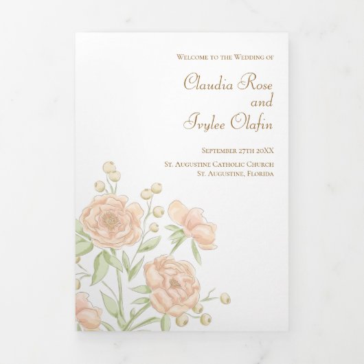 Pfirsich-Rosen-Hochzeitsprogramme Dreifach-gefaltete Programmkarte (Cover)