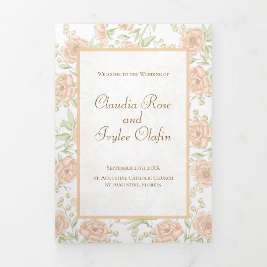 Pfirsich-Rosen-Hochzeitsprogramme Dreifach-gefaltete Programmkarte (Cover)