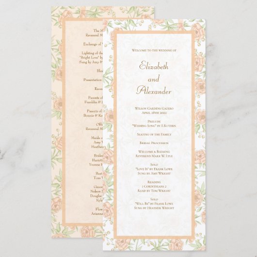 Pfirsich-Rosen-Hochzeitsprogramme Menükarte (Vorne/Hinten)