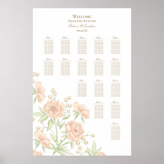 Pfirsich-Rosen-Hochzeitssitzplan Poster (Vorne)