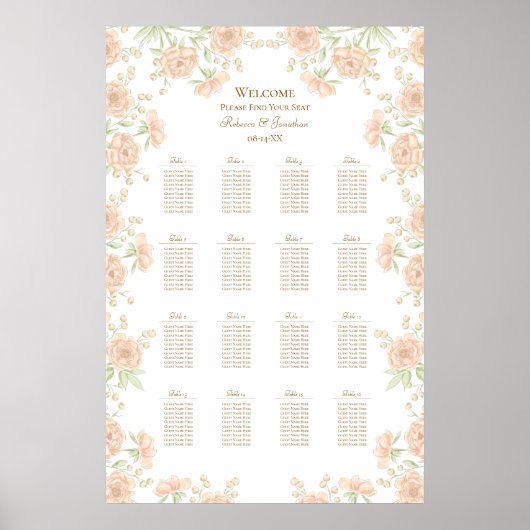 Pfirsich-Rosen-Hochzeitssitzplan Poster (Vorne)