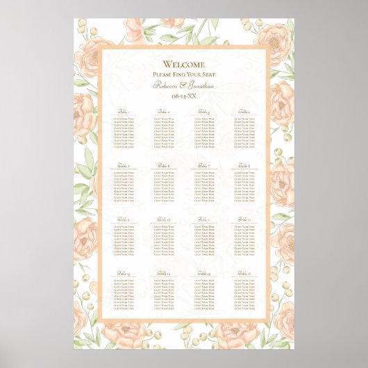 Pfirsich-Rosen-Hochzeitssitzplan Poster (Vorne)