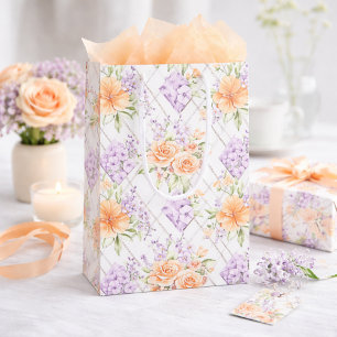 Pfirsich-Rosen-Lavendel-Cottagecore-Blumenmuster Mittlere Geschenktüte