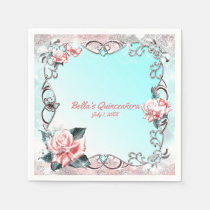 Pfirsich-Rosen und Schmetterlinge Quinceañera-Part Serviette