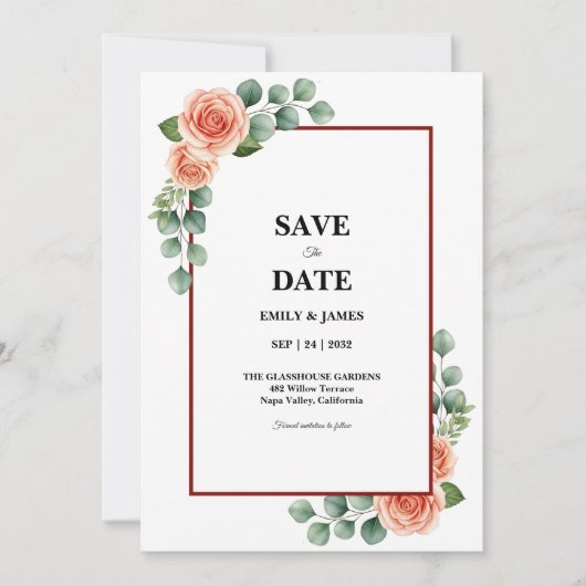 Pfirsich-Rosen-Wasserfarbe-Eukalyptus-Rand Save th The Date (Vorderseite)