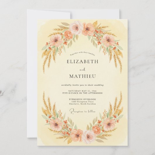 Pfirsich-Rustikal-Weizen-Wiese-Hochzeit Einladung (Vorderseite)