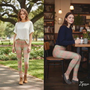 Pfirsich-Sage-Gedämpfte-Karo-Farbbblock Leggings