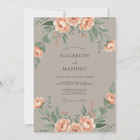 Pfirsich sanfte Florale Hochzeit Einladung (Vorderseite)