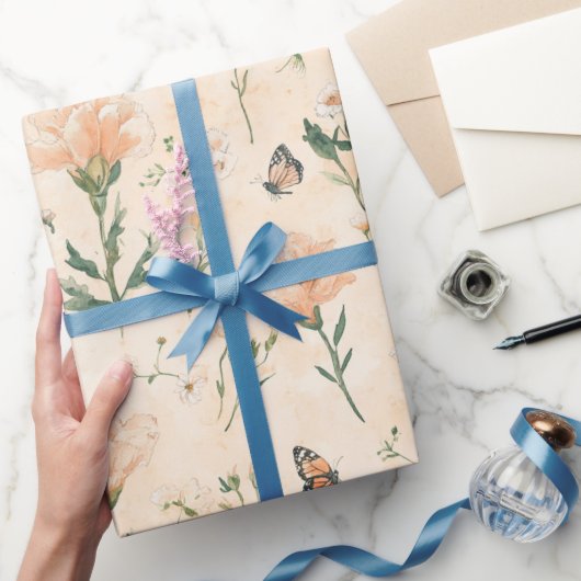 Pfirsich Schmetterlinge Floral Brautparty Geschenkpapier (Schenken)