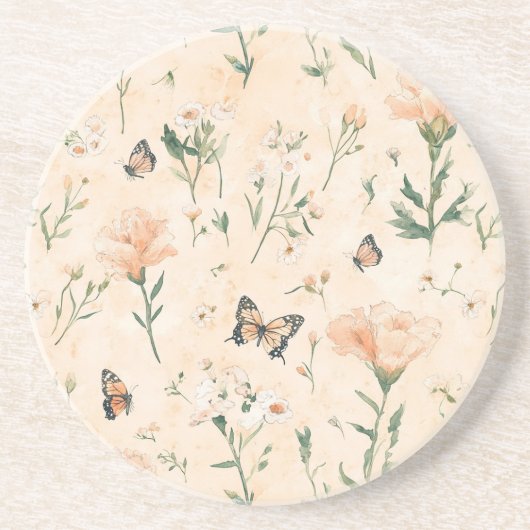 Pfirsich Schmetterlinge Floral Getränkeuntersetzer (Vorne)
