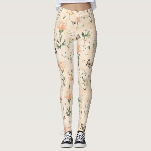 Pfirsich Schmetterlinge Floral Leggings (Vorderseite)