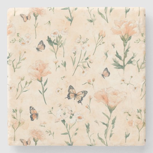 Pfirsich Schmetterlinge Floral Steinuntersetzer (Vorderseite)