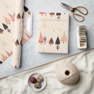 Pfirsich, Schwarze Punktebäume mit Schneeflocken Geschenkpapier