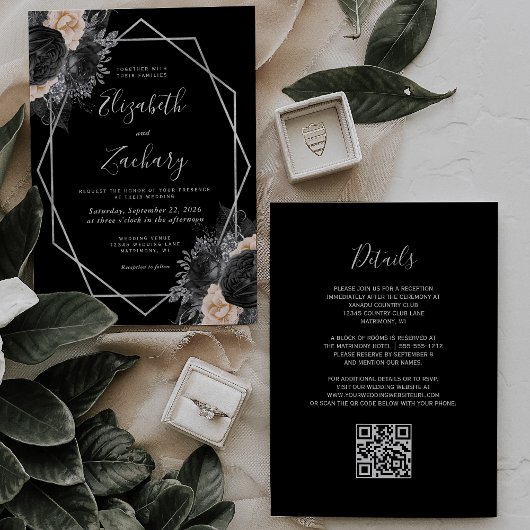 Pfirsich Schwarzes Floral Silber Rahmen QR Code Ho Einladung