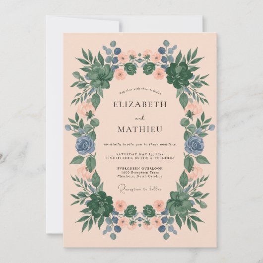Pfirsich Serene Botanische Hochzeit Einladung (Vorderseite)