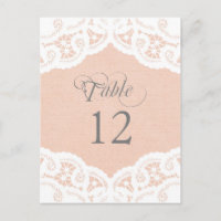 Pfirsich-Spitzen-Doily-Hochzeit-Tischnummer-Tischk