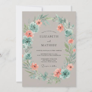 Pfirsich Türkis Florale Botanische Hochzeit Einladung
