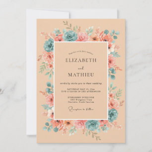 Pfirsich-Türkis Romantische Botanische Hochzeit Einladung
