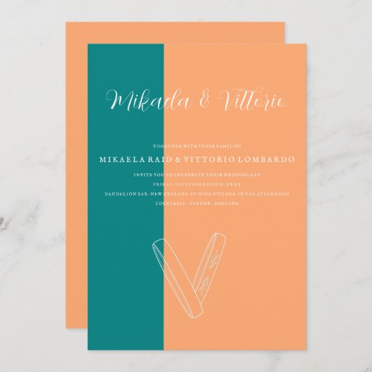 Pfirsich und Aquamarine Hochzeit Einladung (Vorne/Hinten)