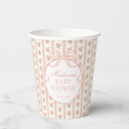 Pfirsich und Beige Fancy Floral Babyshower Pappbecher (Vorderseite)