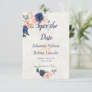 Pfirsich- und blaue Aquarell-Blumen-Save-the-Date- Einladung