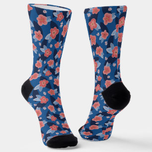 Pfirsich- und Blaue Blumengestaltung Socken