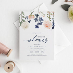 Pfirsich- und Blaue Hochzeitsdusche Botanisch Flor Einladung