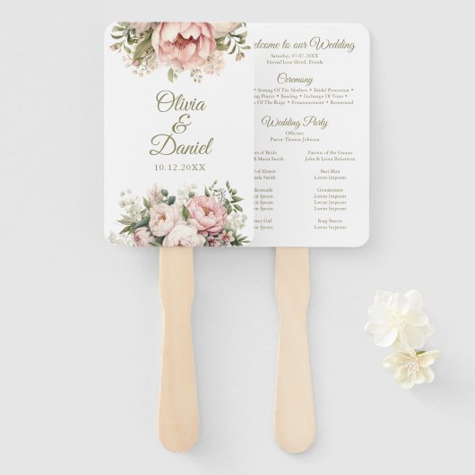 Pfirsich und Blush Pink Blues Hochzeitsprogramm Fächer (Vorne und Hinten)