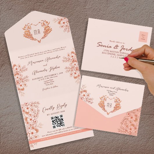 Pfirsich und Blush Pink Monogram Wedding All In One Einladung