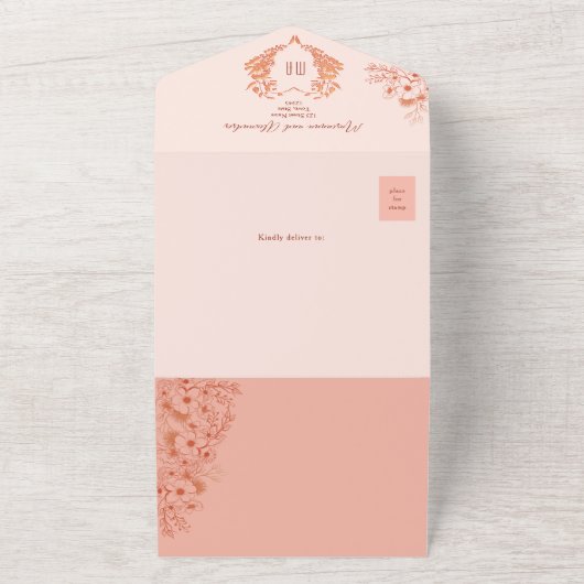 Pfirsich und Blush Pink Monogram Wedding All In One Einladung (Außenbereich)