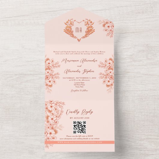 Pfirsich und Blush Pink Monogram Wedding All In One Einladung (Innen Boden)