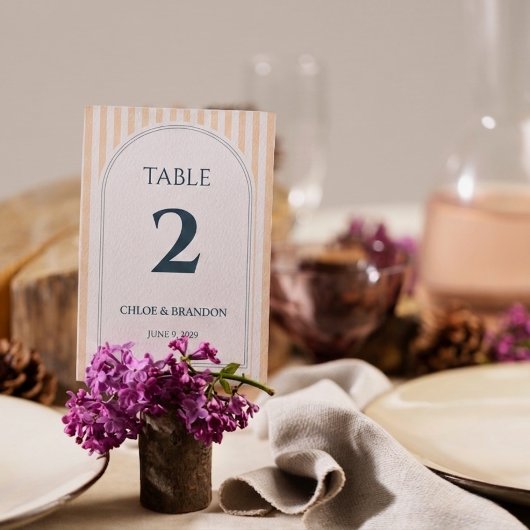 Pfirsich- und Creme-gestreifte Hochzeit Tischnummer