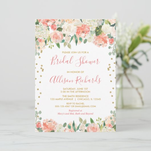 Pfirsich und Glitzer Blumenkohl Brautparty Einladung (Stehend Vorderseite)