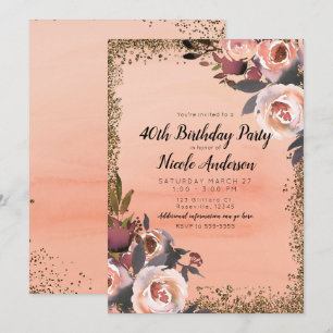 Pfirsich- und Gold-Glitter-Blumen- Moderne Geburts Einladung