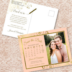 Pfirsich- und Gold-Hochzeit-Save-the-Date-Kalender Ankündigungspostkarte