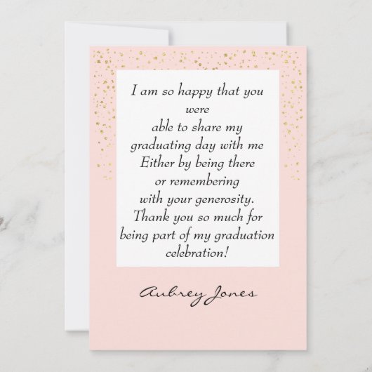 Pfirsich-und GoldGlitzer-Foto-Abschluss danken Dankeskarte (Rückseite)